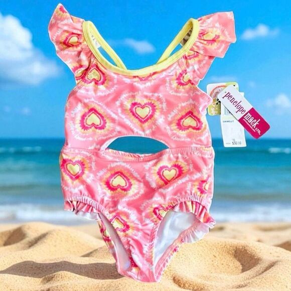 NWT Penelope Mack Sz 4 Girl's Kid Pink & Yellow Heart Tie-Dye One Piece Swimsuit - Picture 1 of 16